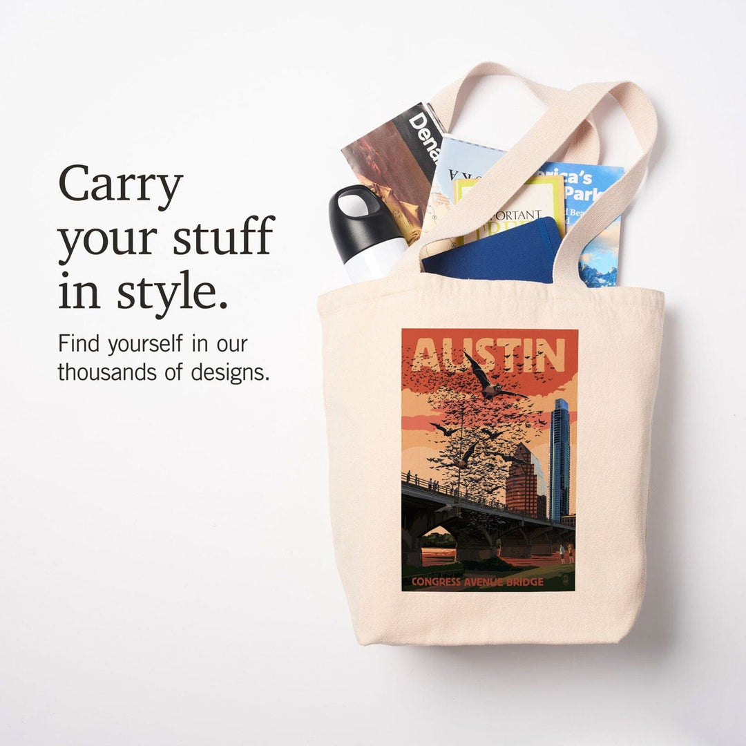 Austin, Texas, Bats & Congress Avenue Bridge, Lantern Press Artwork, Tote Bag Totes Lantern Press 