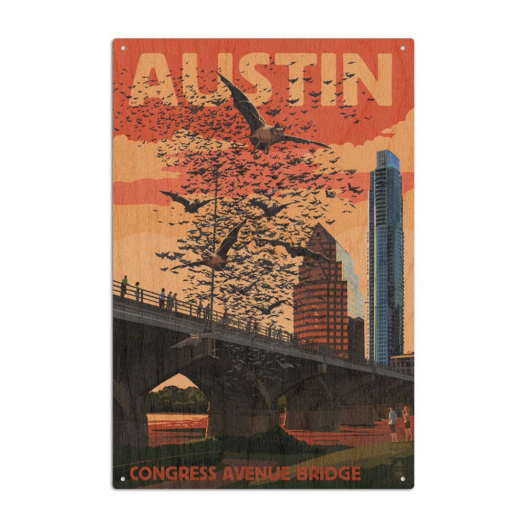 Austin, Texas, Bats & Congress Avenue Bridge, Lantern Press Artwork, Wood Signs and Postcards Wood Lantern Press 10 x 15 Wood Sign 