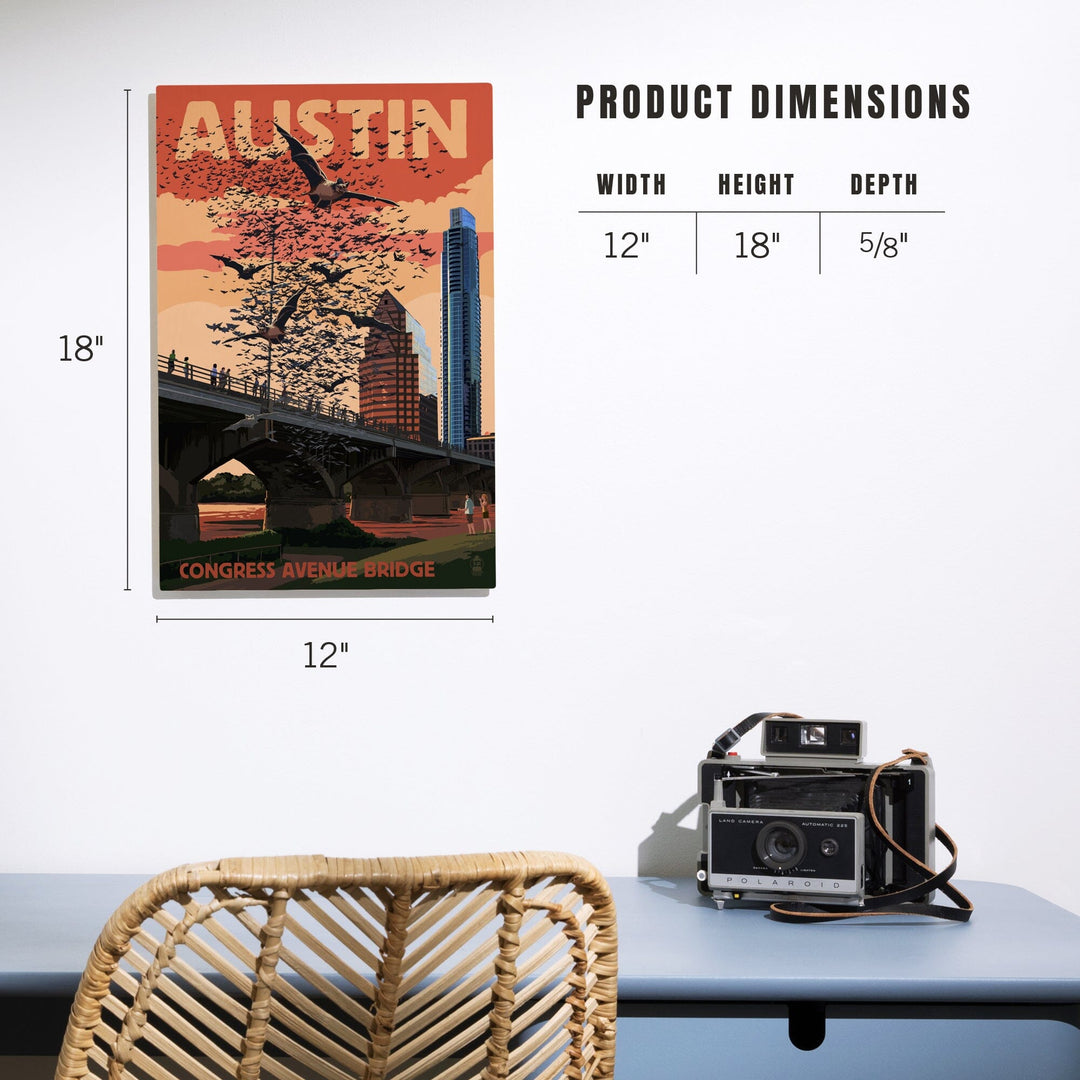 Austin, Texas, Bats & Congress Avenue Bridge, Lantern Press Artwork, Wood Signs and Postcards Wood Lantern Press 