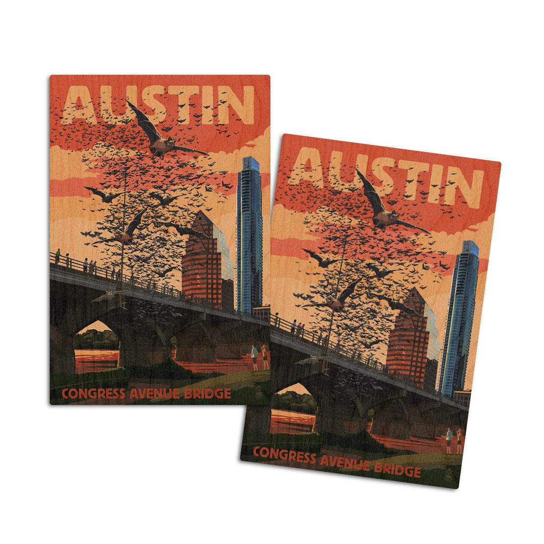 Austin, Texas, Bats & Congress Avenue Bridge, Lantern Press Artwork, Wood Signs and Postcards Wood Lantern Press 4x6 Wood Postcard Set 