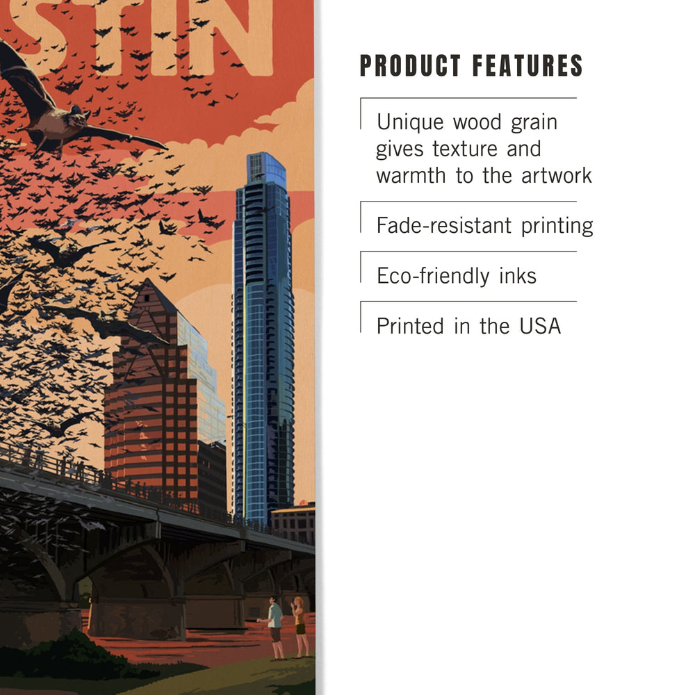 Austin, Texas, Bats & Congress Avenue Bridge, Lantern Press Artwork, Wood Signs and Postcards Wood Lantern Press 