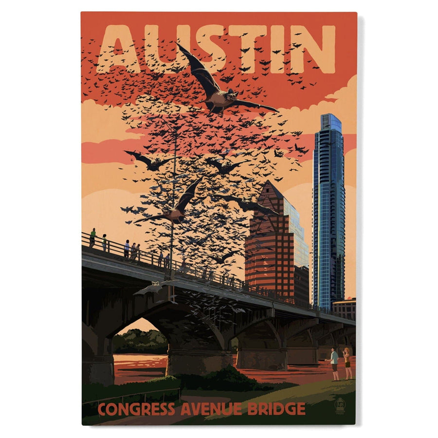 Austin, Texas, Bats & Congress Avenue Bridge, Lantern Press Artwork, Wood Signs and Postcards Wood Lantern Press 