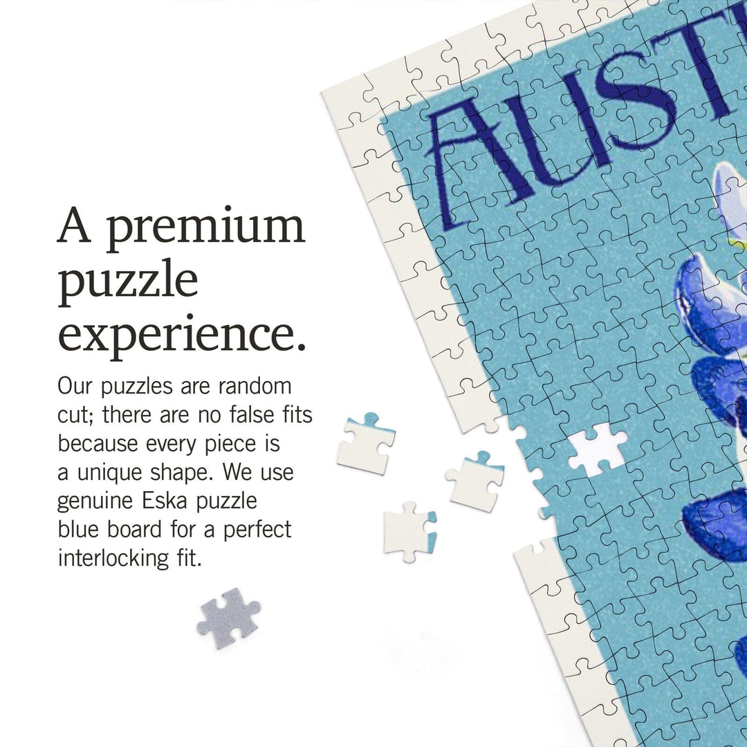 Austin, Texas, Bluebonnet, Letterpress, Jigsaw Puzzle Puzzle Lantern Press 