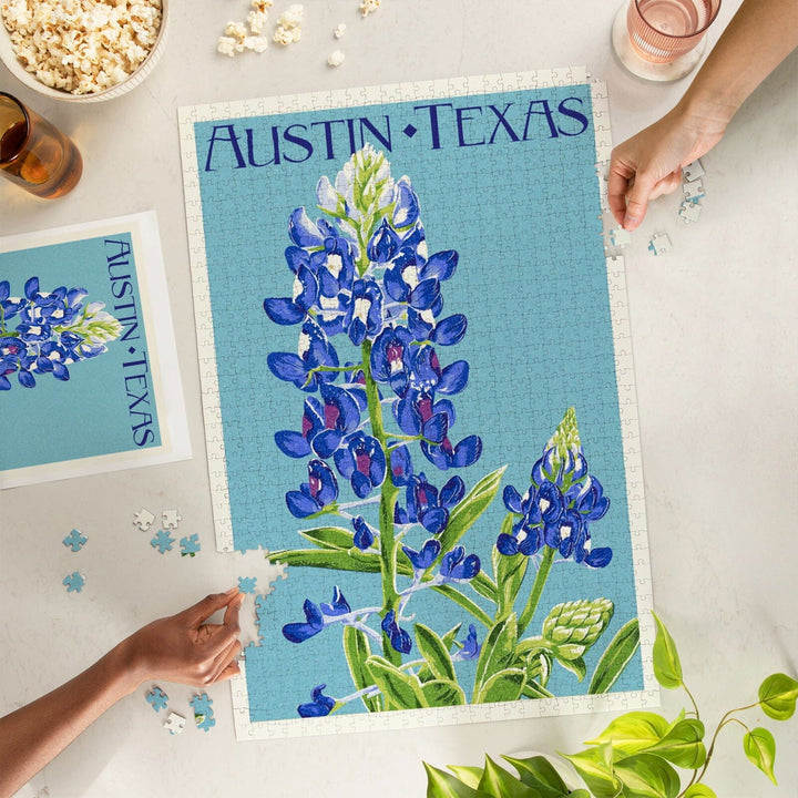 Austin, Texas, Bluebonnet, Letterpress, Jigsaw Puzzle Puzzle Lantern Press 