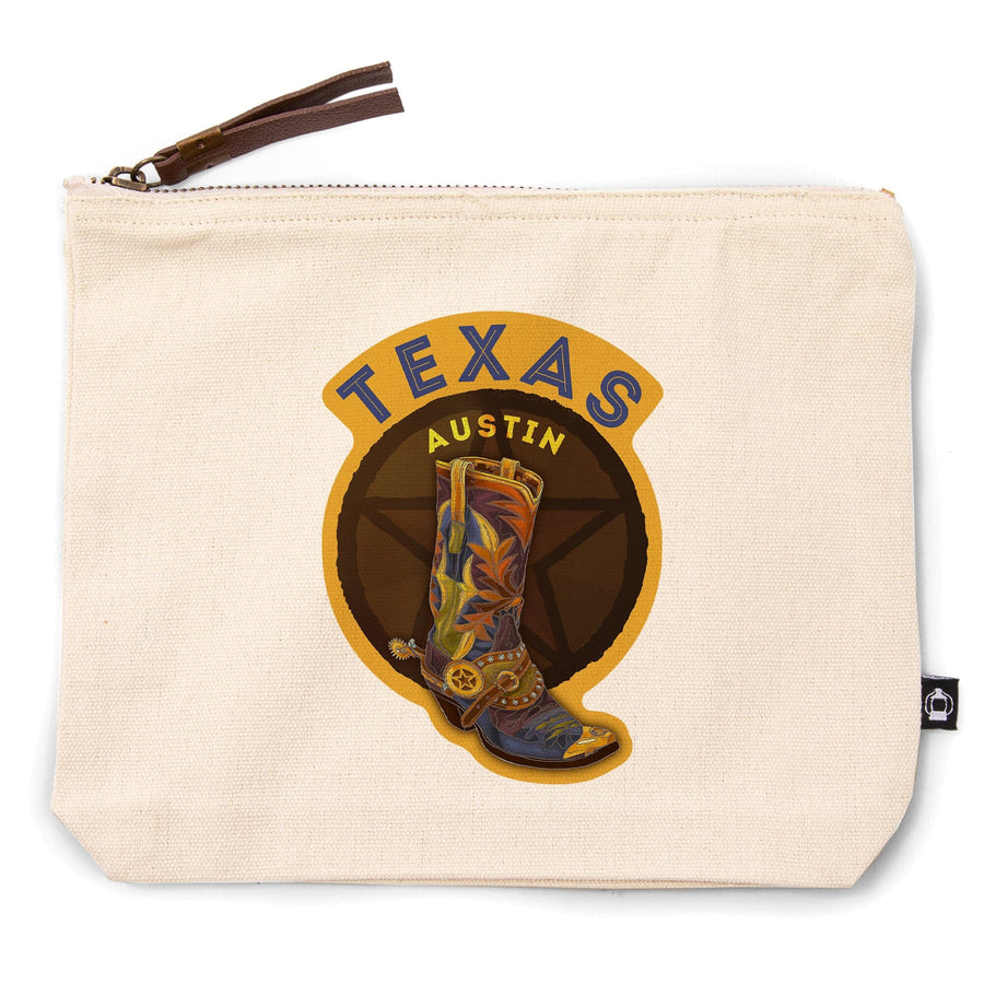 Austin, Texas, Boot and Star,, Organic Cotton Zipper Pouch, Go Bag Go Bag Lantern Press 