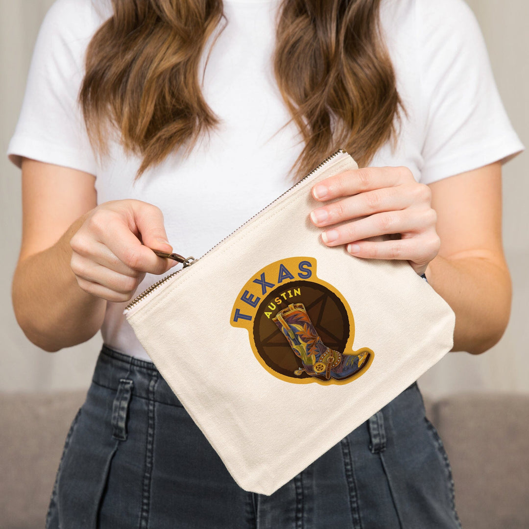Austin, Texas, Boot and Star,, Organic Cotton Zipper Pouch, Go Bag Go Bag Lantern Press 
