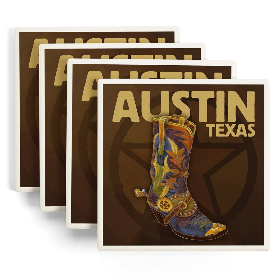 Austin, Texas, Boot & Star, Lantern Press Artwork, Coaster Set Coasters Lantern Press 