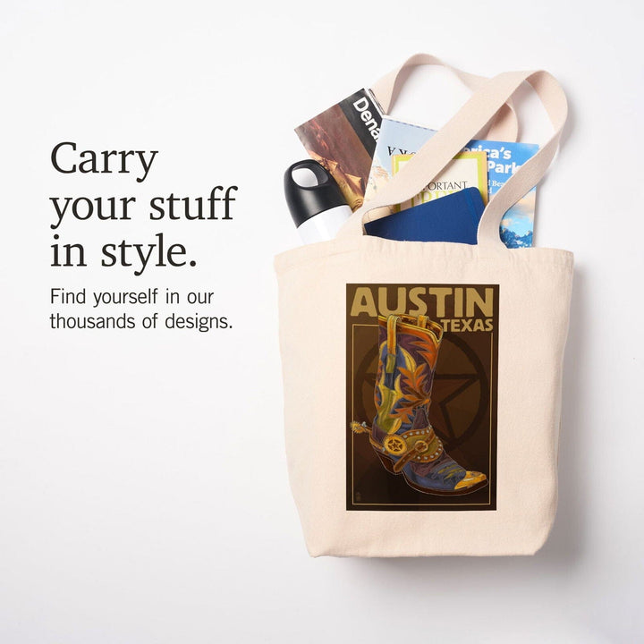 Austin, Texas, Boot & Star, Lantern Press Artwork, Tote Bag Totes Lantern Press 