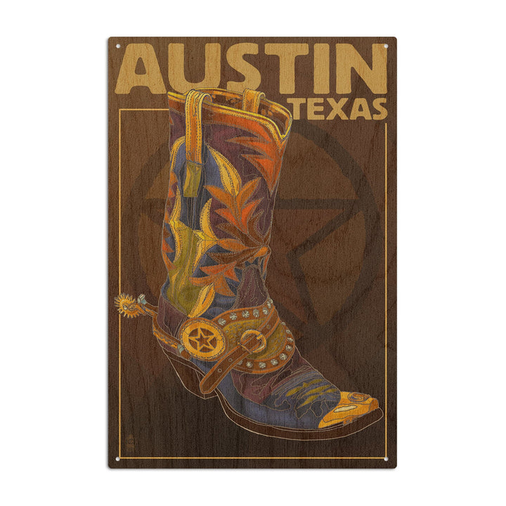 Austin, Texas, Boot & Star, Lantern Press Artwork, Wood Signs and Postcards Wood Lantern Press 10 x 15 Wood Sign 