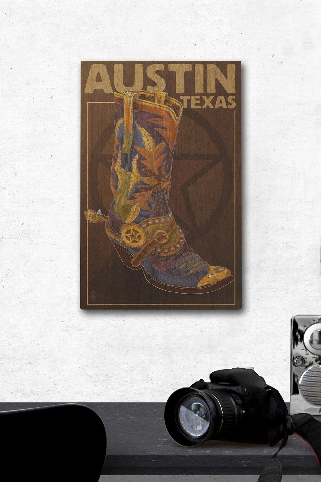 Austin, Texas, Boot & Star, Lantern Press Artwork, Wood Signs and Postcards Wood Lantern Press 12 x 18 Wood Gallery Print 