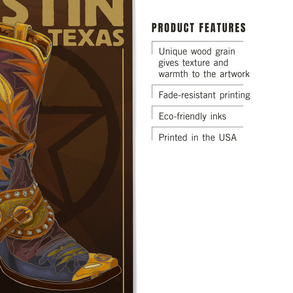 Austin, Texas, Boot & Star, Lantern Press Artwork, Wood Signs and Postcards Wood Lantern Press 