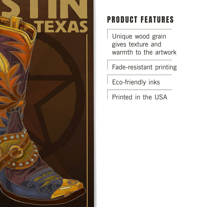 Austin, Texas, Boot & Star, Lantern Press Artwork, Wood Signs and Postcards Wood Lantern Press 