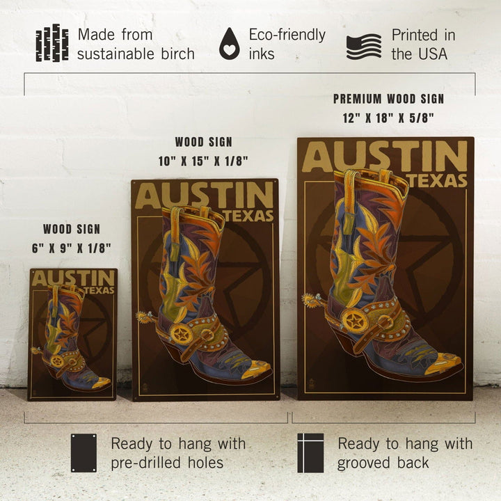 Austin, Texas, Boot & Star, Lantern Press Artwork, Wood Signs and Postcards Wood Lantern Press 