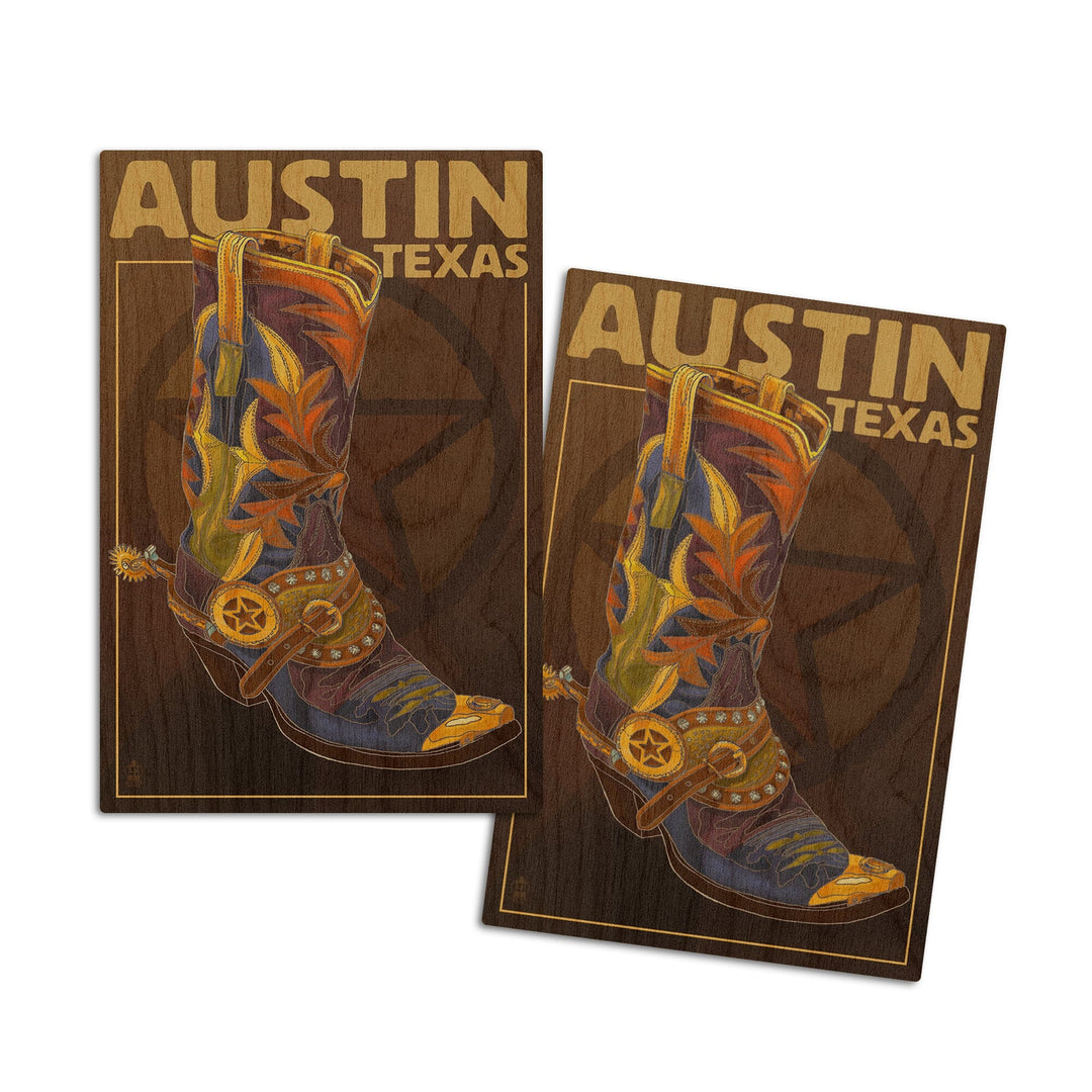 Austin, Texas, Boot & Star, Lantern Press Artwork, Wood Signs and Postcards Wood Lantern Press 4x6 Wood Postcard Set 