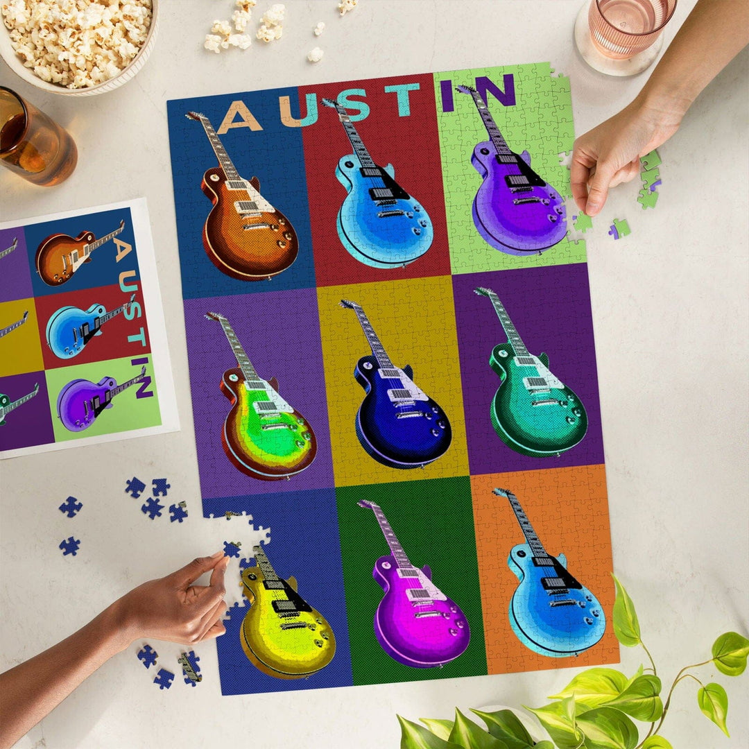 Austin, Texas, Guitar Pop Art, Jigsaw Puzzle Puzzle Lantern Press 