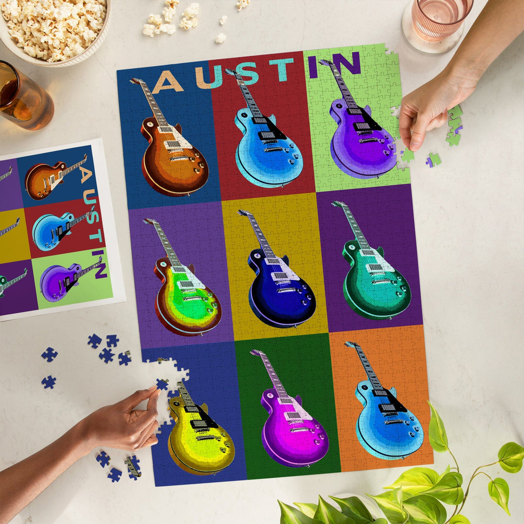Austin, Texas, Guitar Pop Art, Jigsaw Puzzle Puzzle Lantern Press 