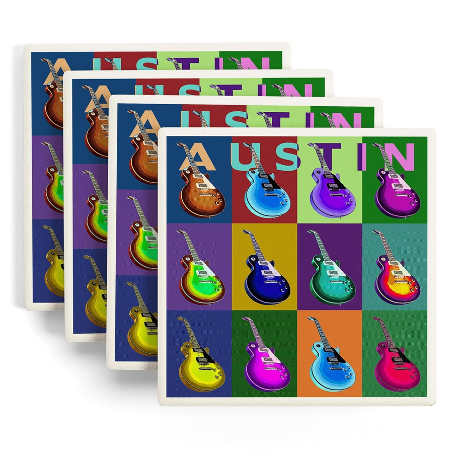 Austin, Texas, Guitar Pop Art, Lantern Press Artwork, Coaster Set Coasters Lantern Press 