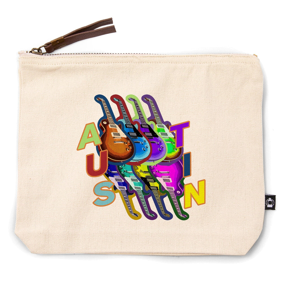 Austin, Texas, Guitar Pop Art,, Organic Cotton Zipper Pouch, Go Bag Go Bag Lantern Press 
