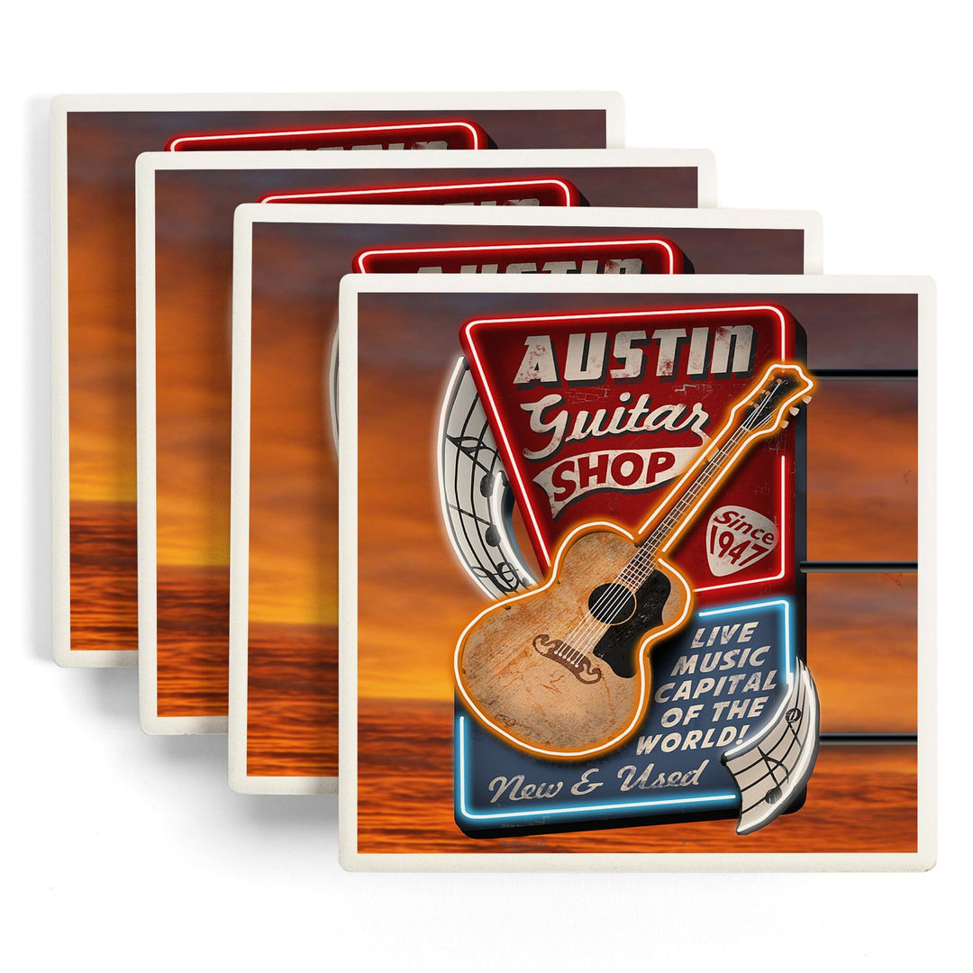 Austin, Texas, Guitar Shop Vintage Sign, Coasters Coasters Lantern Press 