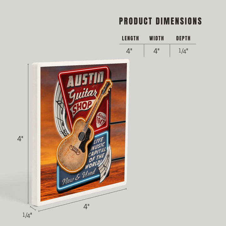 Austin, Texas, Guitar Shop Vintage Sign, Coasters Coasters Lantern Press 