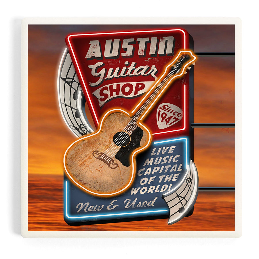 Austin, Texas, Guitar Shop Vintage Sign, Coasters Coasters Lantern Press 