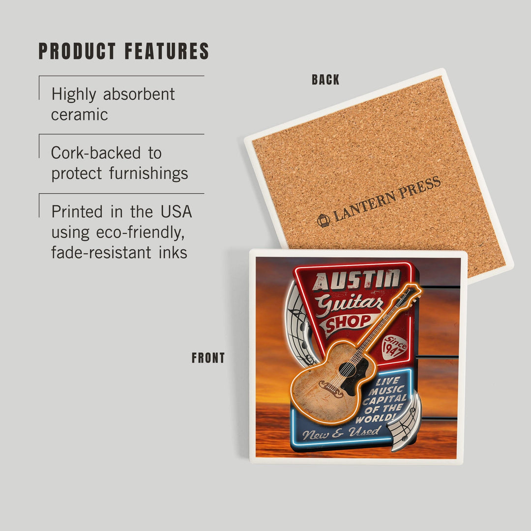 Austin, Texas, Guitar Shop Vintage Sign, Coasters Coasters Lantern Press 