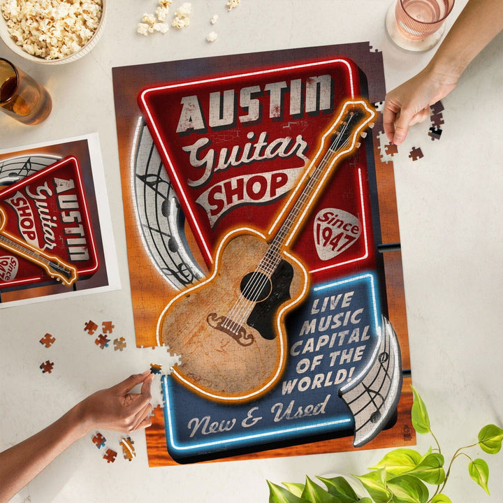 Austin, Texas, Guitar Shop Vintage Sign, Jigsaw Puzzle Puzzle Lantern Press 