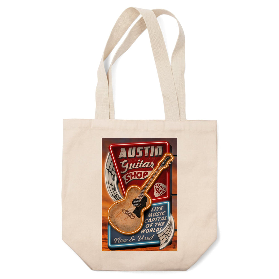 Austin, Texas, Guitar Shop Vintage Sign, Lantern Press Artwork, Tote Bag Totes Lantern Press 