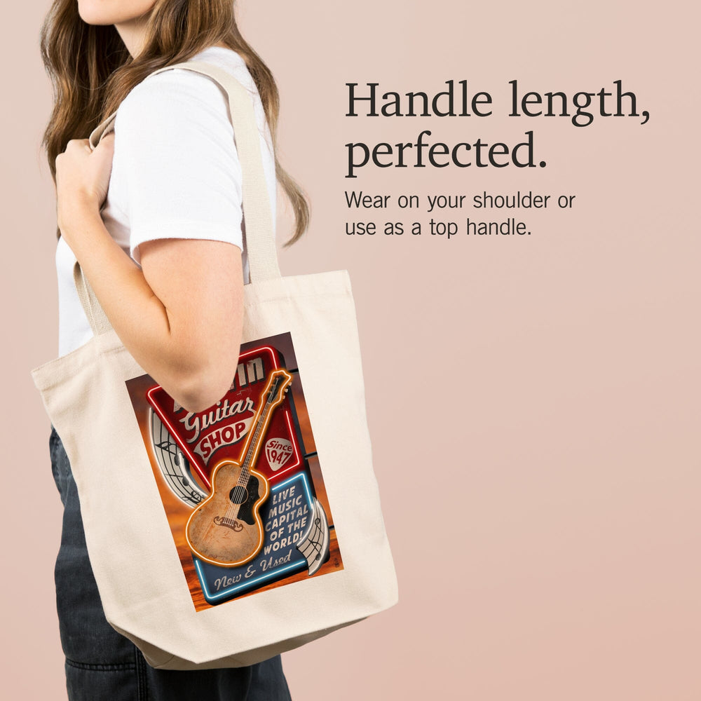 Austin, Texas, Guitar Shop Vintage Sign, Tote Bag Totes Lantern Press 