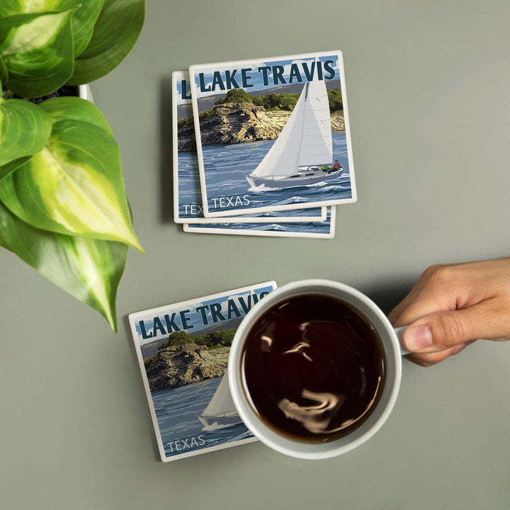 Austin, Texas, Lake Travis Sailing Scene, Lantern Press Artwork, Coaster Set Coasters Lantern Press 