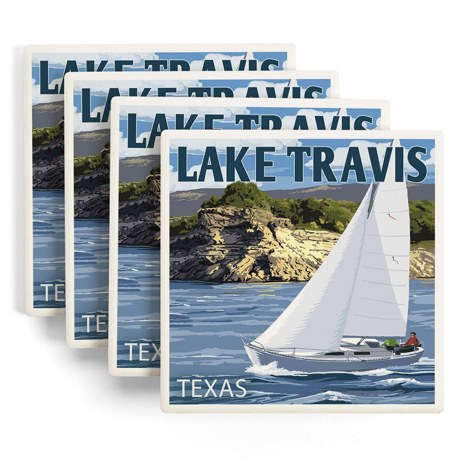 Austin, Texas, Lake Travis Sailing Scene, Lantern Press Artwork, Coaster Set Coasters Lantern Press 