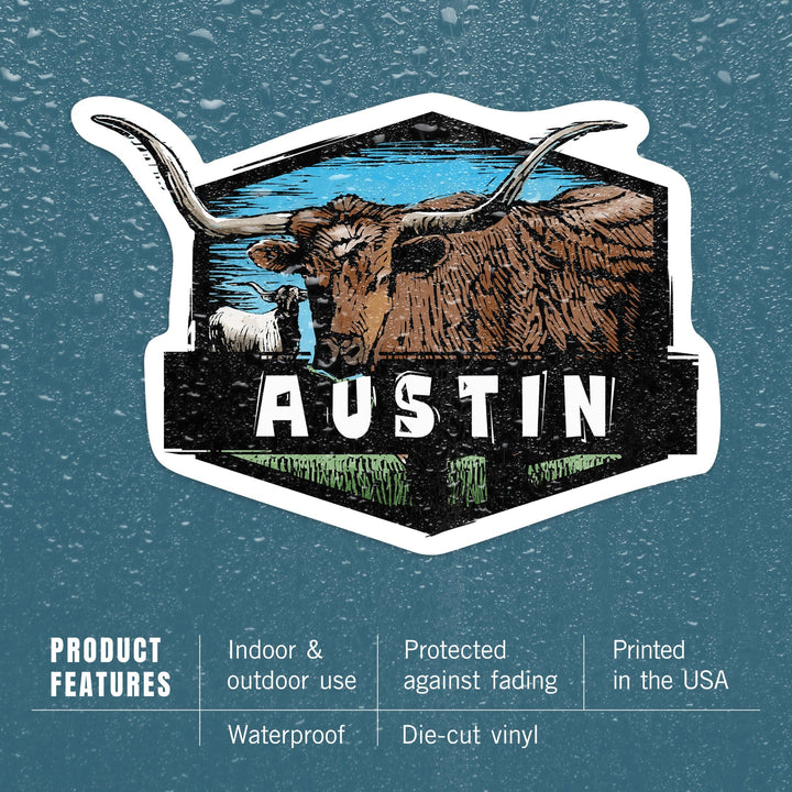 Austin, Texas, Longhorn, Scratchboard, Contour, Lantern Press Artwork, Vinyl Sticker Sticker Lantern Press 