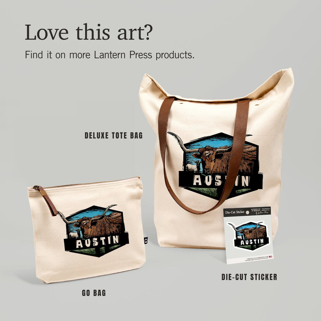 Austin, Texas, Longhorn, Scratchboard,, Organic Cotton Zipper Pouch, Go Bag Go Bag Lantern Press 