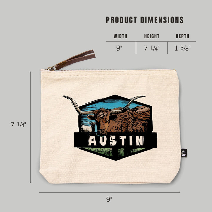 Austin, Texas, Longhorn, Scratchboard,, Organic Cotton Zipper Pouch, Go Bag Go Bag Lantern Press 