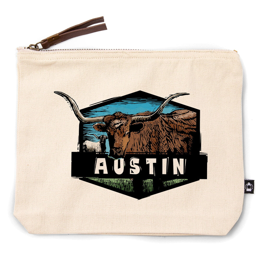 Austin, Texas, Longhorn, Scratchboard,, Organic Cotton Zipper Pouch, Go Bag Go Bag Lantern Press 