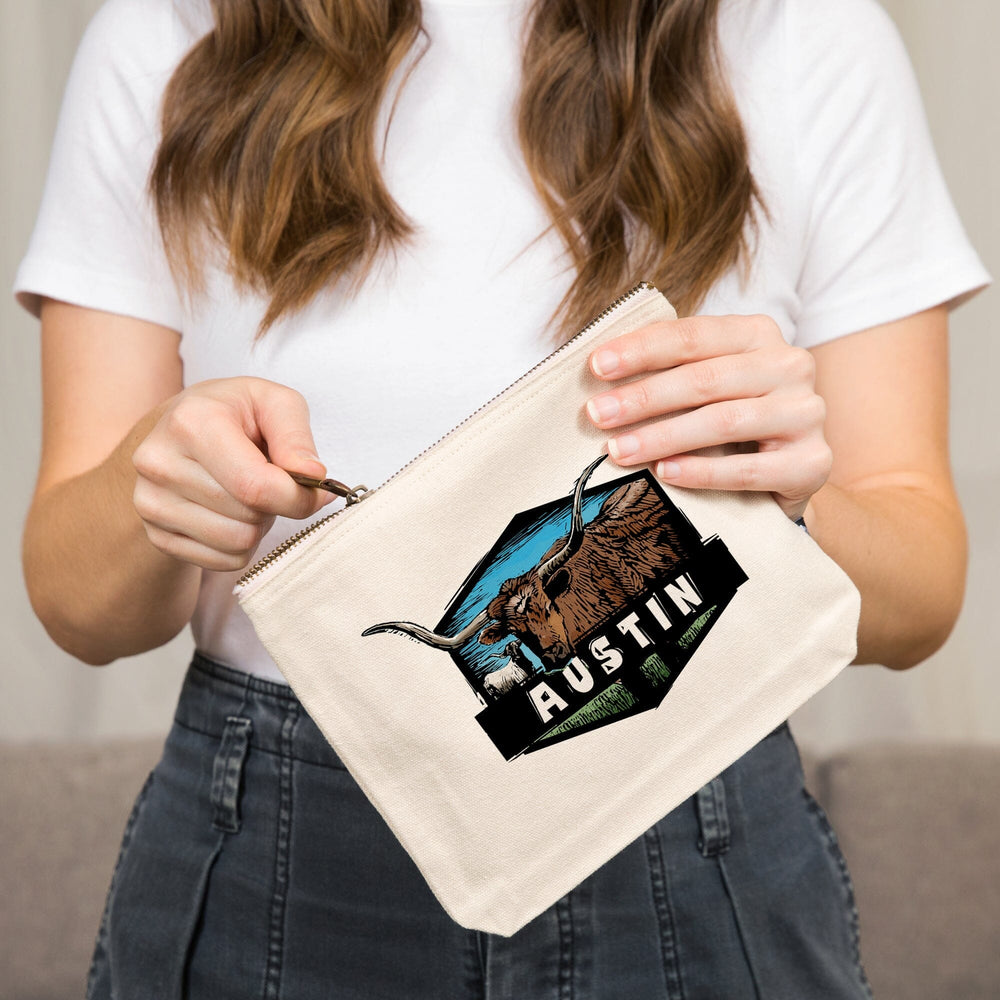Austin, Texas, Longhorn, Scratchboard,, Organic Cotton Zipper Pouch, Go Bag Go Bag Lantern Press 