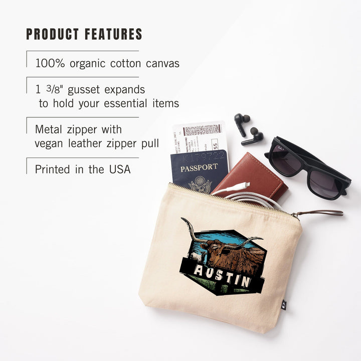 Austin, Texas, Longhorn, Scratchboard,, Organic Cotton Zipper Pouch, Go Bag Go Bag Lantern Press 