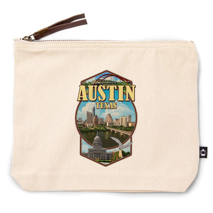 Austin, Texas, Montage Scenes,, Organic Cotton Zipper Pouch, Go Bag Go Bag Lantern Press 
