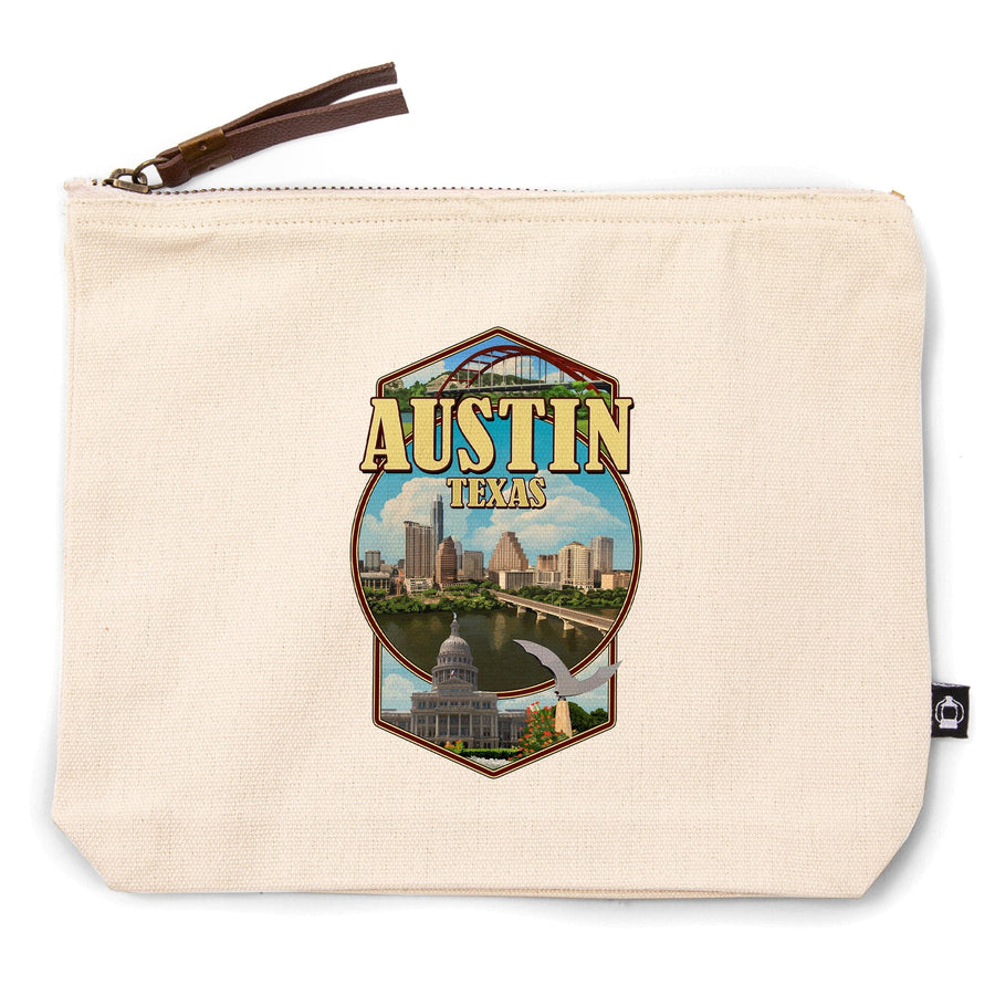 Austin, Texas, Montage Scenes,, Organic Cotton Zipper Pouch, Go Bag Go Bag Lantern Press 