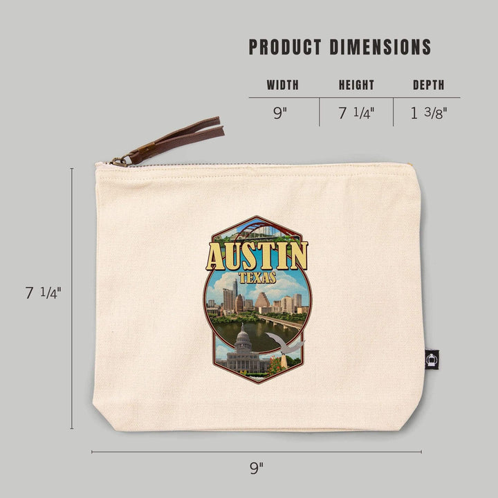 Austin, Texas, Montage Scenes,, Organic Cotton Zipper Pouch, Go Bag Go Bag Lantern Press 