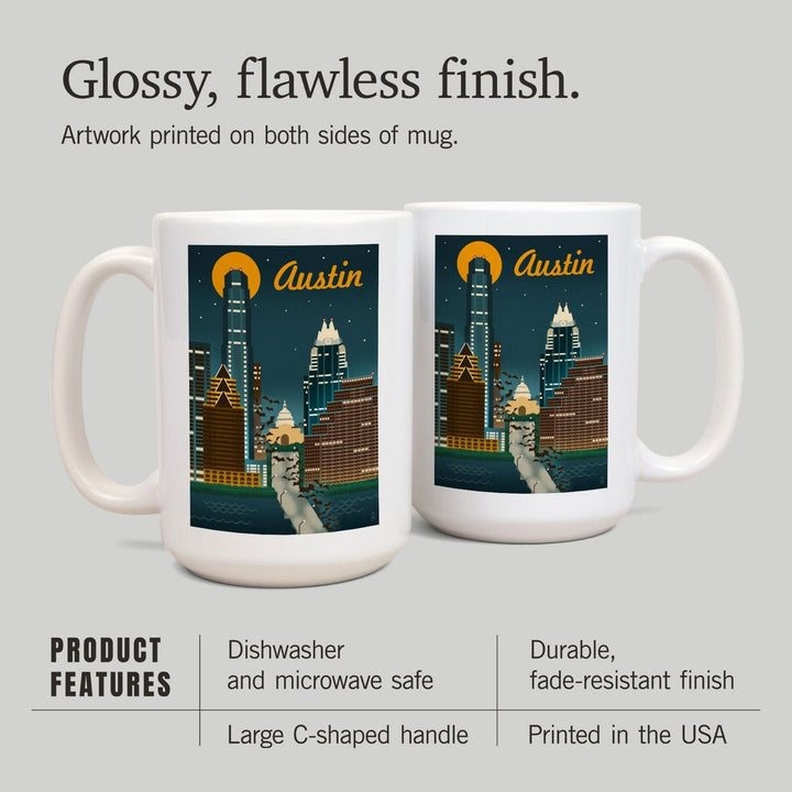 Austin, Texas, Retro Skyline, Lantern Press Artwork, Ceramic Mug Mugs Lantern Press 