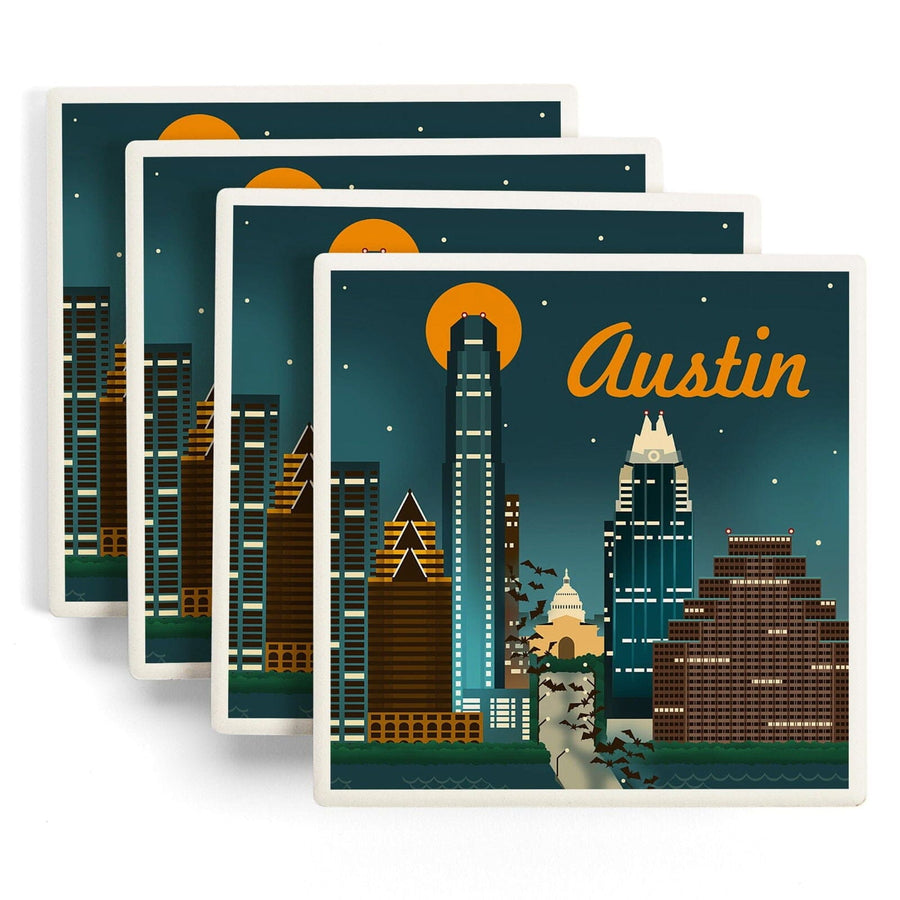 Austin, Texas, Retro Skyline, Lantern Press Artwork, Coaster Set Coasters Lantern Press 