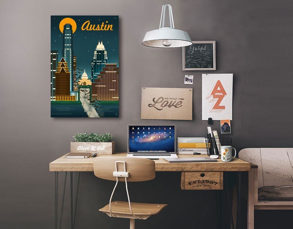 Austin, Texas, Retro Skyline, Lantern Press Artwork, Stretched Canvas Canvas Lantern Press 