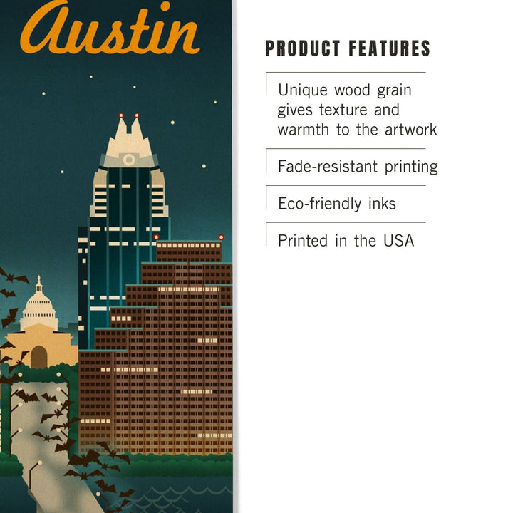 Austin, Texas, Retro Skyline, Lantern Press Artwork, Wood Signs and Postcards Wood Lantern Press 