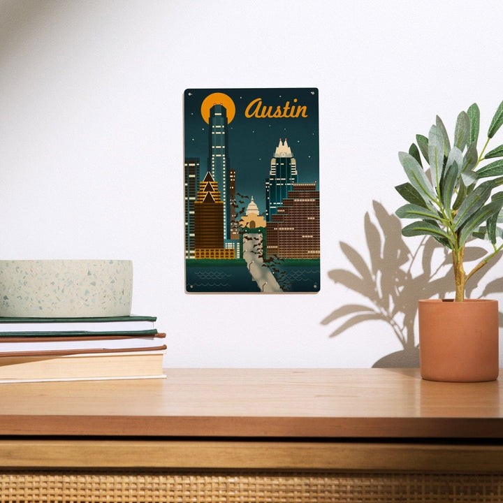 Austin, Texas, Retro Skyline, Lantern Press Artwork, Wood Signs and Postcards Wood Lantern Press 