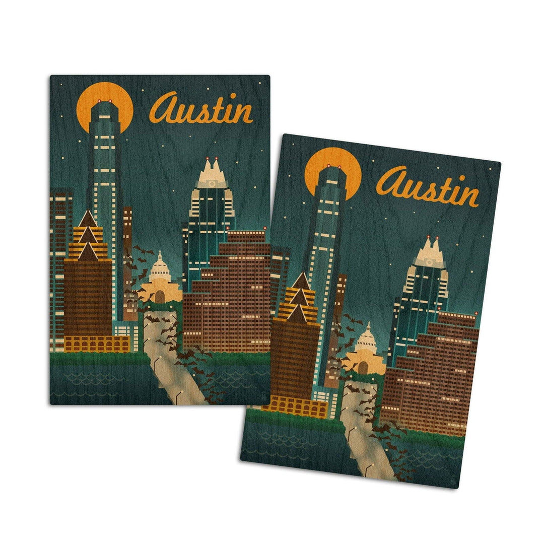 Austin, Texas, Retro Skyline, Lantern Press Artwork, Wood Signs and Postcards Wood Lantern Press 