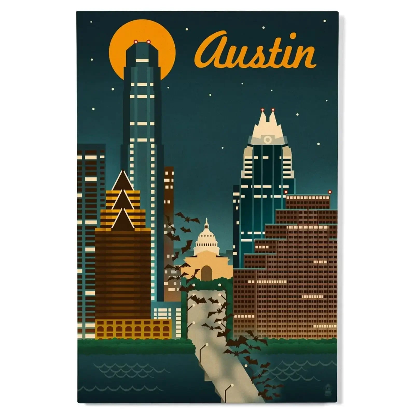 【80s / 50s】ポストモダン・アートデコ Austin, Texas, Retro Skyline, Lantern Press Artwork, Wood Signs and Po