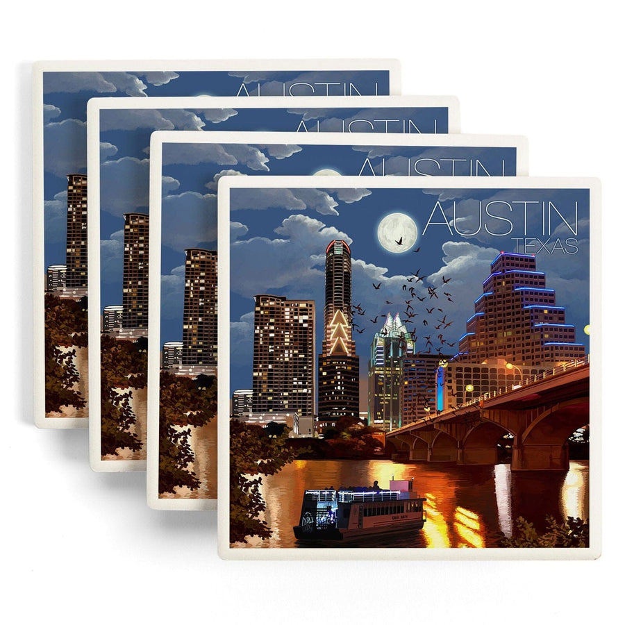 Austin, Texas, Skyline at Night, Lantern Press Artwork, Coaster Set Coasters Lantern Press 