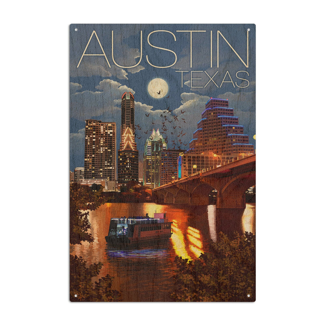 Austin, Texas, Skyline at Night, Lantern Press Artwork, Wood Signs and Postcards Wood Lantern Press 10 x 15 Wood Sign 