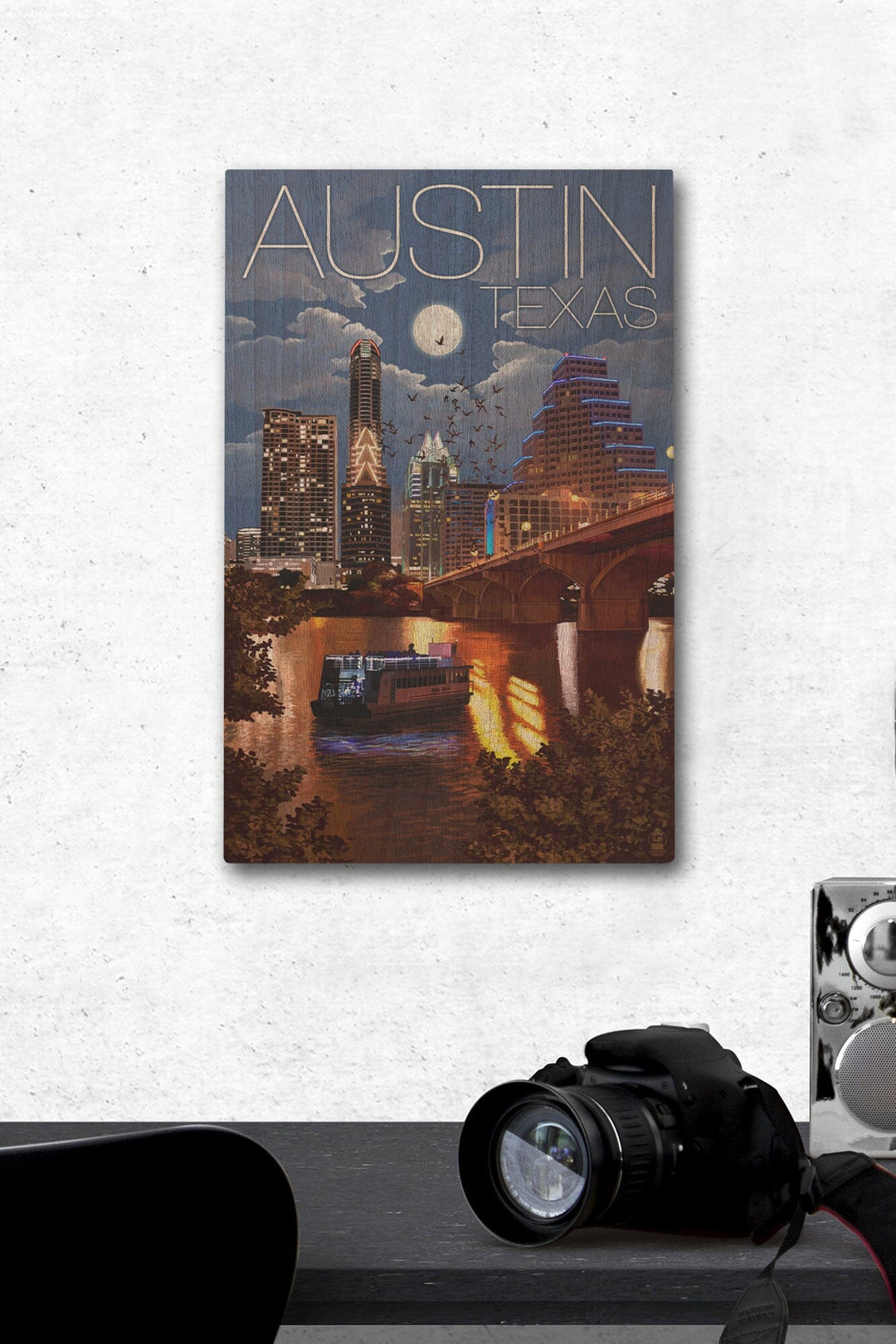 Austin, Texas, Skyline at Night, Lantern Press Artwork, Wood Signs and Postcards Wood Lantern Press 12 x 18 Wood Gallery Print 